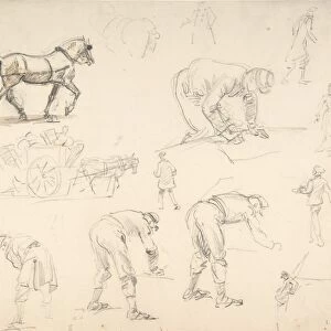 Studies Soldiers Cart Horses 1830-75 Graphite
