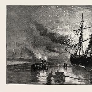 The Truro Volunteer Fire Brigade at a Fire on the Quay Side, Uk, 1873 Engraving