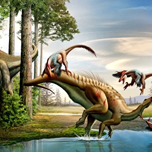 An Acrocanthosaurus observes a Tenontosaurus being attacked by Deinonychus