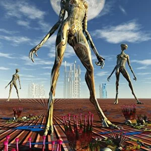 Alien reptoid beings wearing organic metallic suits