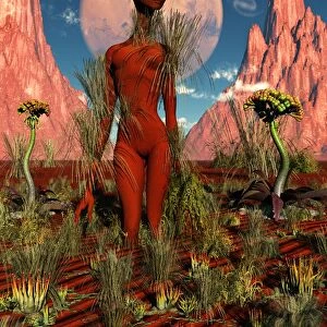 An alien being in a state of meditation with the native plant life