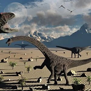 An Allosaurus confronts a small group of Diplodocus dinosaurs
