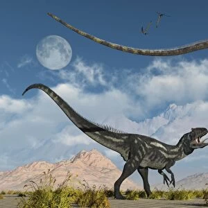 An Allosaurus in a deadly battle with a Diplodocus dinosaur