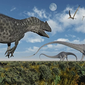 An Allosaurus dinosaur stalking a herd of Diplodocus dinosaurs