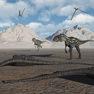 Allosaurus dinosaurs approach a group of dead sauropods