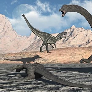 An Allosaurus waits for its chance to attack a Diplodocus trapped in a mud pit