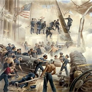 American Civil War print showing a battle between Union and Confederate ships