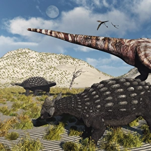 An Ankylosaurus defending itself from an attacking Tyrannosaurus rex