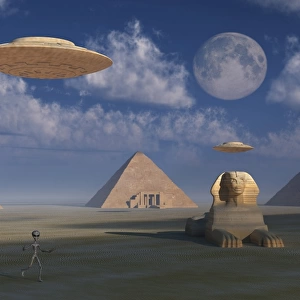 Artists concept of Grey aliens helping the Egyptians build the pyramids