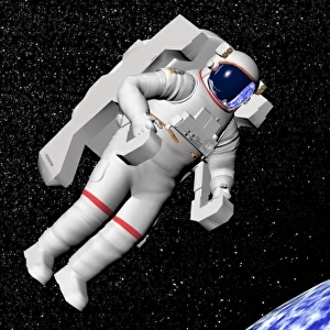Astronaut floating in outer space above planet Earth