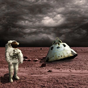 An astronaut surveys his situation after being marooned on a barren planet
