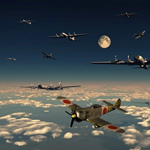 B-29 Superfortress planes under attack from Japanese Nakajima Ki-84 fighter planes