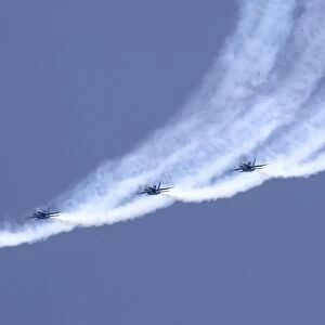 The Blue Angels performing a line abreast loop during an air show