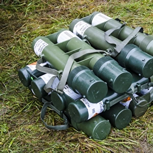 British Army 81mm mortar rounds in their containers stacked