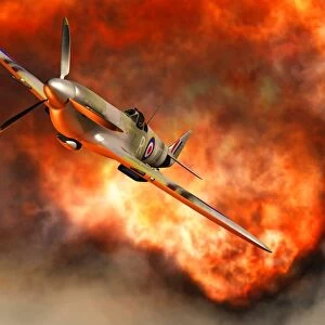 A British Supermarine Spitfire bursting through explosive flames