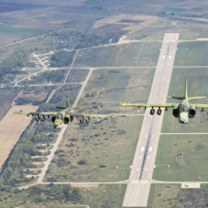 Two Bulgarian Air Force Sukhoi Su-25s aircraft flying over Bulgaria