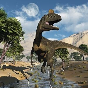 A carnivorous Cryolophosaurus dinosaur walking along a stream