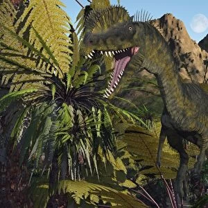 A carnivorous Dilophosaurus looking for its next meal in a Jurassic forest