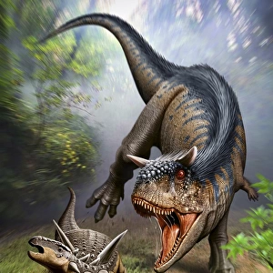 Carnotaurus attacking an Antarctopelta armored dinosaur