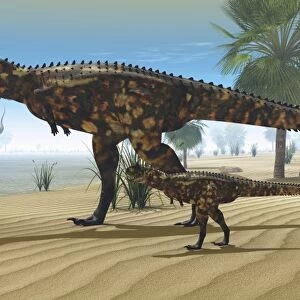 A Carnotaurus mother brings her offspring down to a river to drink