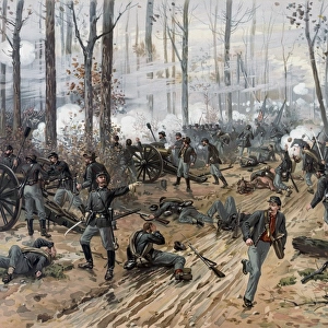 Civil War painting of Union and Confederate troops at The Battle of Shiloh