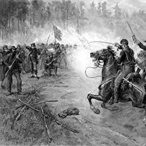 Civil War print of Union cavalry soldiers charging a Confederate firing line