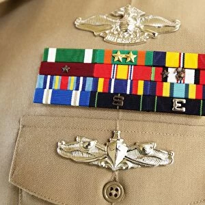 Close-up view of military decorations and honors on the uniform of a Petty Officer