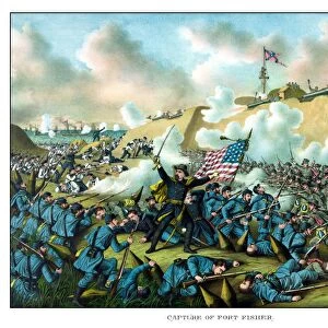 Digitally restored Civil War print depicting the Union Armys capture of Fort Fisher