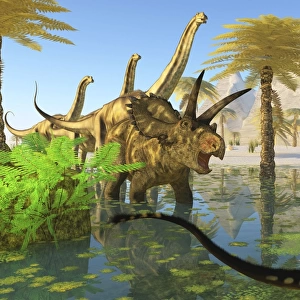 Two Dilong dinosaurs guard their nest from a Coahuilaceratops
