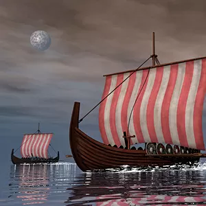 Drekar Viking ships navigating the ocean at night