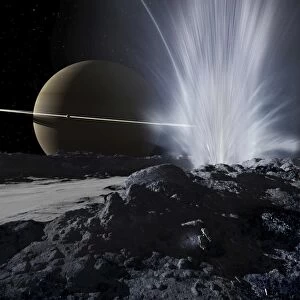 Explorers examine one of the great fissures from which Enceladus geysers erupt