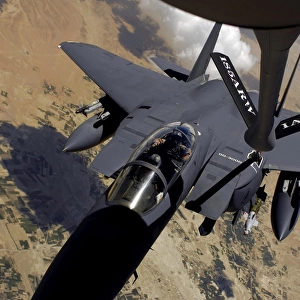 An F-15 Strike Eagle prepares for aerial refueling