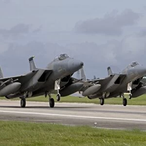 Two F-15s come in for a landing at Kadena Air Base, Okinawa, Japan