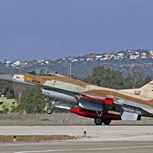 An F-16A Netz of the Israeli Air Force landing at Ramat David Air Force Base