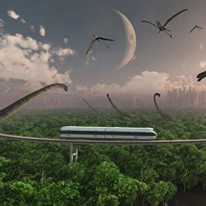 Futuristic concept of a monorail ride through a dinosaur park