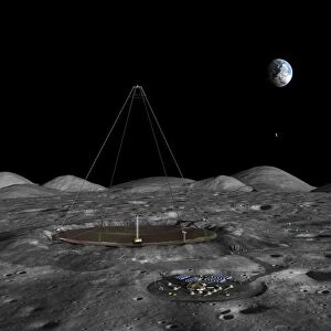 A giant liquid mirror telescope lies nestled in a lunar crater