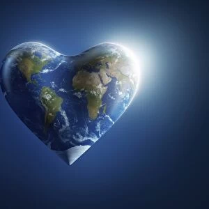 Heart-shaped planet Earth on a dark blue background