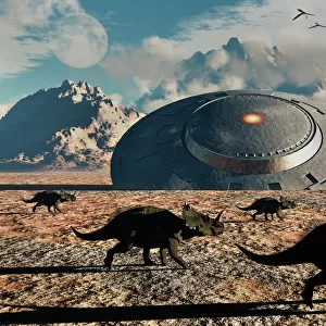 A herd of dinosaurs walk past a flying saucer lodged into the ground