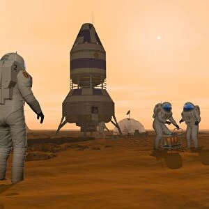 Illustration of astronauts setting up a base on the Martian surface around their