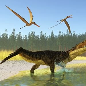 A Kaprosuchus reptile confronts an Agustinia dinosaur