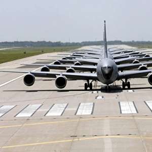 Six KC-135 Stratotankers demonstrate the elephant walk formation