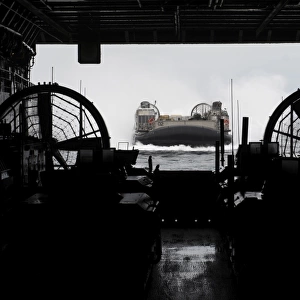 Landing Craft Air Cushion approaches the well deck of USS San Antonio