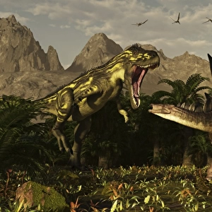 A large carnivorous Torvosaurus preying on a Stegosaurus