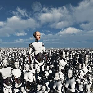 A lone android with a human flesh colored face amongst a crowd of robots