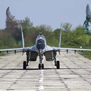 A MiG-29UB of the Bulgarian Air Force on the runway at Balchik Air Base