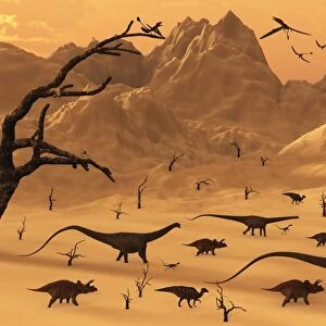 A mixed herd of dinosaurs migrate to greener pastures