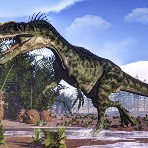 A Monolophosaurus dinosaur walking amongst cycas and calamites