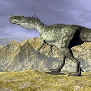 Monolophosaurus dinosaur walking on rocky terrain near mountain