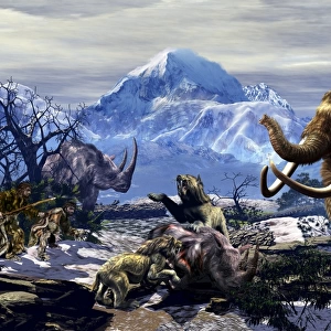 Neanderthals approach a group of Machairodontinae feeding with a herd of Woolly Mammoths