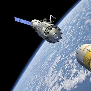 An orbital maintenance platform approaches an orbiting booster in low Earth orbit